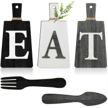 Cutting Board & Eat Sign Set Hanging Kitchen Art Fork Spoon Wall Decor, B