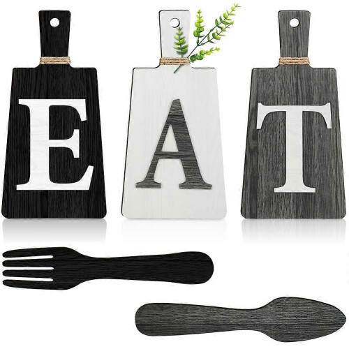 Cutting Board & Eat Sign Set Hanging Kitchen Art Fork Spoon Wall Decor, B