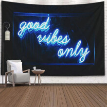 Blue Neon Good Vibes Only Tapestry, 60x60 Inch Wall Hanging for Bedroom & Dorm Decor