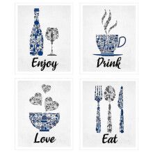 Vintage Blue Navy Cobalt Grey & White Wall Art for Restaurant, Cafe & Bar - Unique Interior Decor