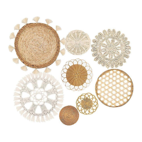 Boho Wall Basket Set, Flat Woven Hanging Decor, Round Tassel White Macrame Tapestry Wall Art 8-Pack