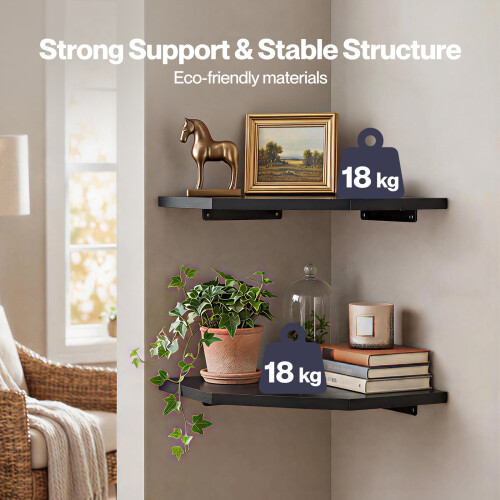 Levede 2 Pack Floating Corner Shelves Cable Cut-Out Wall Mounted Storage Black 2