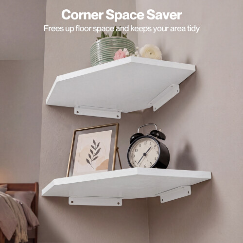 Levede 2 Pack Floating Corner Shelves Cable Cut-Out Wall Mounted Storage White 1