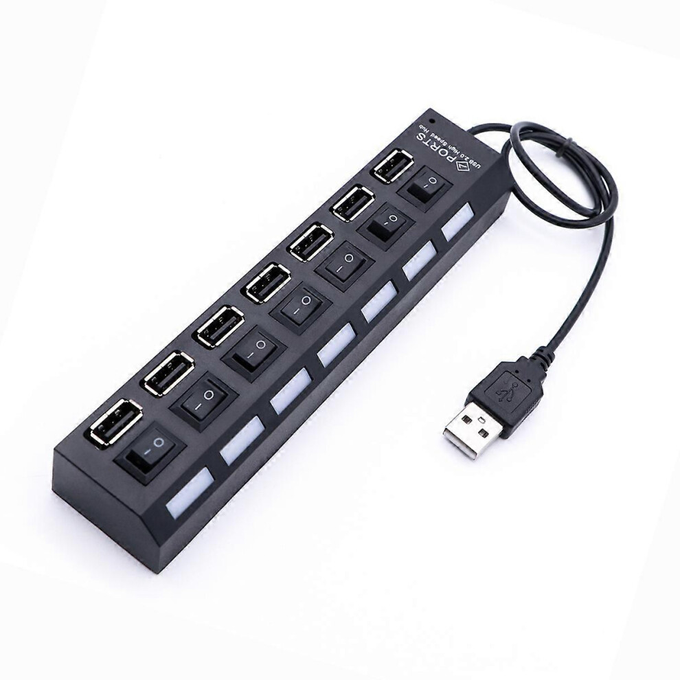 7 Ports Usb 2.0 Data Transfer Hub, Individual Switches, Led Indicator, Downward Compatible With Usb 1.1 Devices, Plastic, 16.6X3.7x2.5cm Black 6901168329351