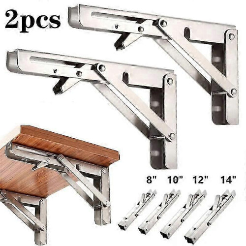 Folding Shelf Bracket 8 Inches, 2-Piece Heavy Duty Stainless Steel Wall Mount Triangle Bracket for Space Saving DIY Desktop Workbench, Black 1