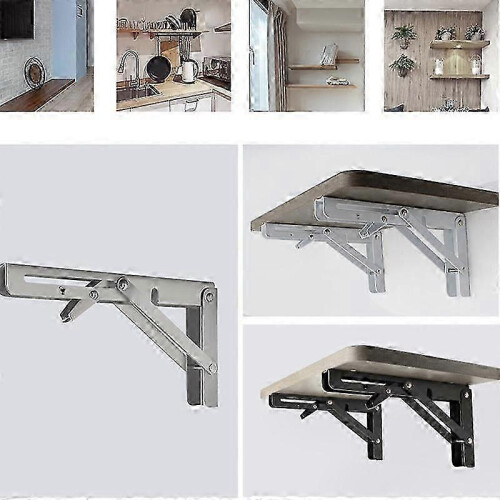 Folding Shelf Bracket 8 Inches, 2-Piece Heavy Duty Stainless Steel Wall Mount Triangle Bracket for Space Saving DIY Desktop Workbench, Black 2