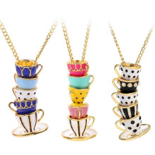 3-dielny náhrdelník s naskladanými smaltovanými šálkami, 3D prepletený prívesok v tvare šálky, dlhý pozlátený náhrdelník pre ženy