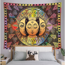Bunter Wandteppich, ästhetisches Sonnen- und Mond-Mandala, psychedelische Hippie-Boho-Dekoration fürs Schlafzimmer