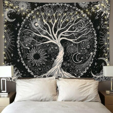 Tapisserie murale Arbre de Vie Lune et Soleil Noir, Mandala étoilé psychédélique, décoration murale hippie pour chambre, dortoir, fête (