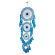 Pendentif plume bleu à trois anneaux concentriques, attrape-rêves, décoration murale tissée