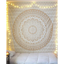 Tapisserie murale Mandala Art Grand Format Or et Blanc - 230 x 180 cm