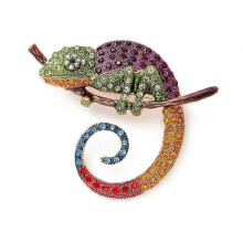Alloy Enamel Brooches, Medium Violet Red Light Gold, Rhinestone Chameleon, 58x71x13mm, 3 Pieces Per Pack