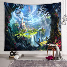 Psychedelischer Wandteppich „Waldschloss“, Fantasie-Feen-Wandbehang, Hippie-Dekodecke für Schlaf- und Wohnzimmer