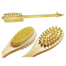 Brosse de bain double face à long manche en bois pour le gommage du dos et l'exfoliation complète du corps
