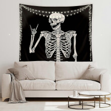 Tapisserie murale tête de mort 130 x 150 cm - Squelette gothique noir et blanc, décoration pour hommes et femmes, thème rock bohème d'Halloween