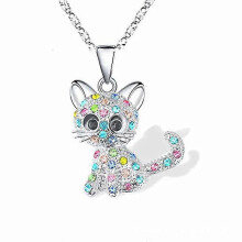 Cat Necklace, Plated Silver Crystal Pendant, Adjustable 17.5-20 Inch Chain, for Cat Lovers, Women, Daughters, Granddaughters, Birthday Occasions