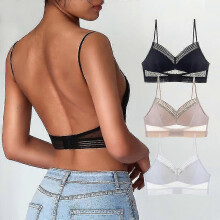 Soutien-gorge brassière dos nu en dentelle, modèle crop top ultra fin à pois, doublure en coton, disponible en plusieurs tailles.