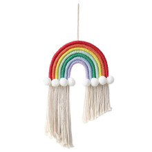 Ensemble multicolore tissé à la main en macramé arc-en-ciel bohème avec pompons, tapisserie murale et organisateur de cheveux