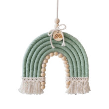 Tapisserie murale arc-en-ciel en macramé tissé à la main, à pompons verts, pour la décoration d'un appartement ou d'une chambre d'étudiant