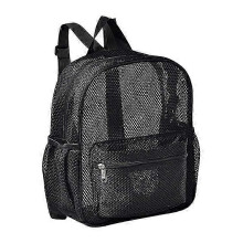 Mini mesh rugzak, zwart, doorschijnend, stevig polyester mesh, ideaal voor woon-werkverkeer, zwemmen, reizen, strand en buitensporten.