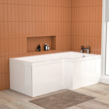 Nes Home L Shaped RH 1600mm Curved Shower Bath Acrylic & Front Panel