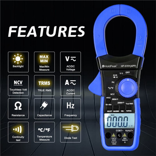 HoldPeak Clamp Digital Multimeter, AC/ Voltage Current Tester 2000A/2000V True RMS -570Y-APP 1