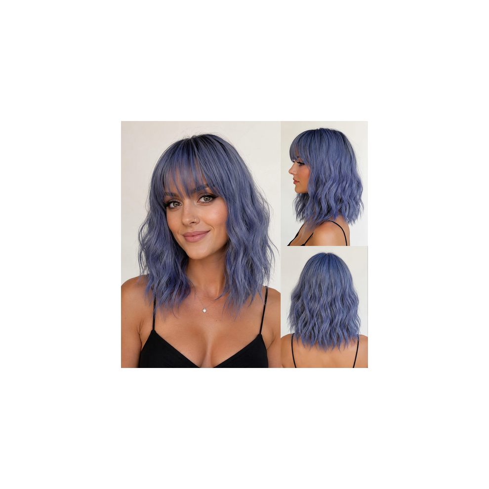 J&Y (Blue) Natural Looking Short Curly Bob Wig With Bangs Synthetic Wig