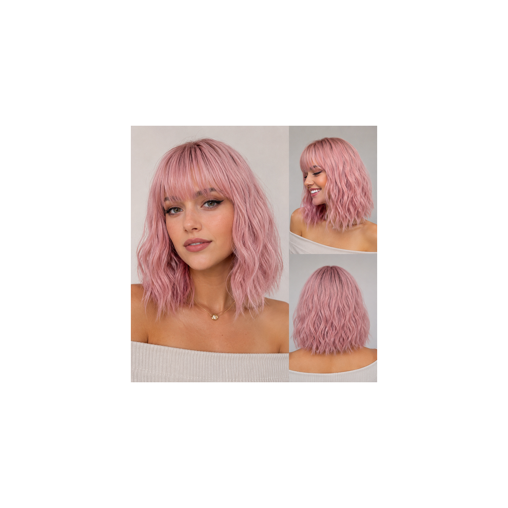 J&Y (Pink) Natural Looking Short Curly Bob Wig With Bangs Synthetic Wig