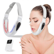 Faltbarer V-förmiger Gesichtsstraffer mit Kinnlifting-Massagegerät, EMS-Mikrostrom- und LED-Lichttherapie, Fernbedienung, Weiß/Rosa