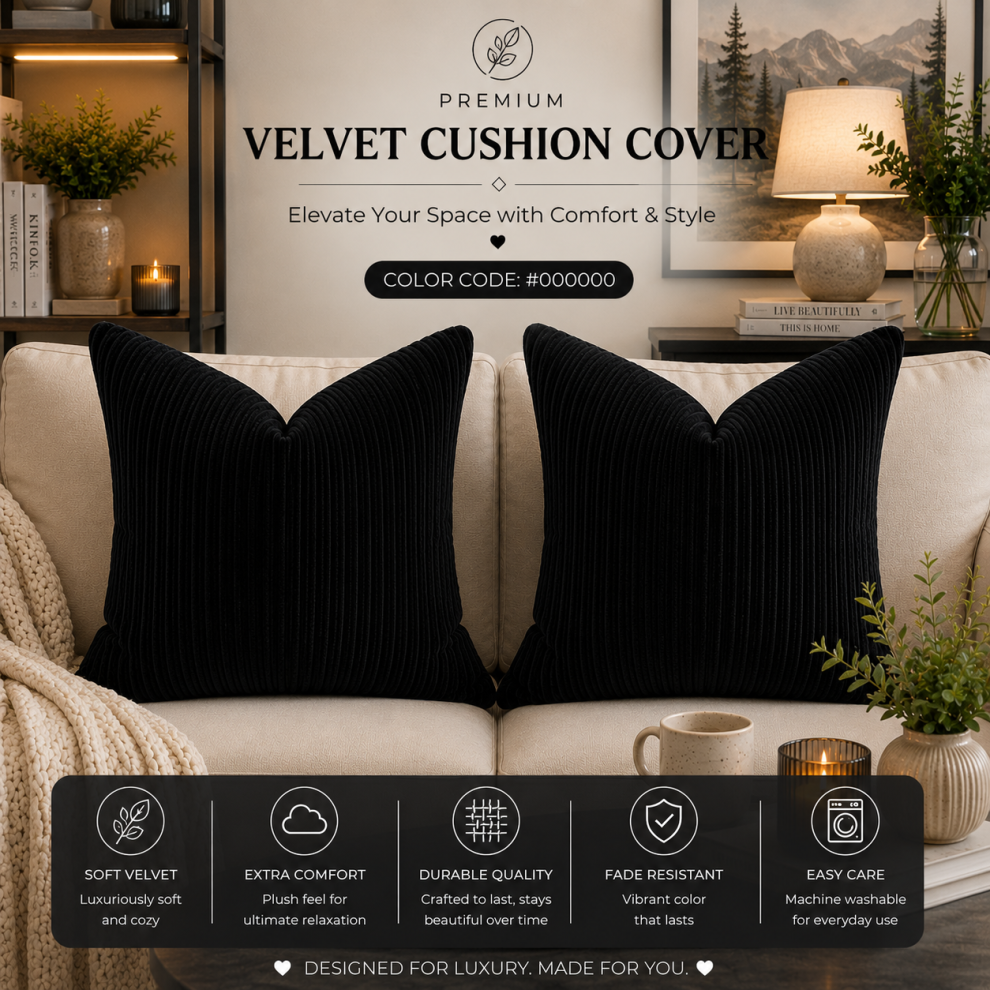 Imperial Rooms (Pack Of 4, Stripe Velvet Filled Cushion Black) Velvet Cushions Filled 2 & 4-Pack Quilted Cushion Pads
