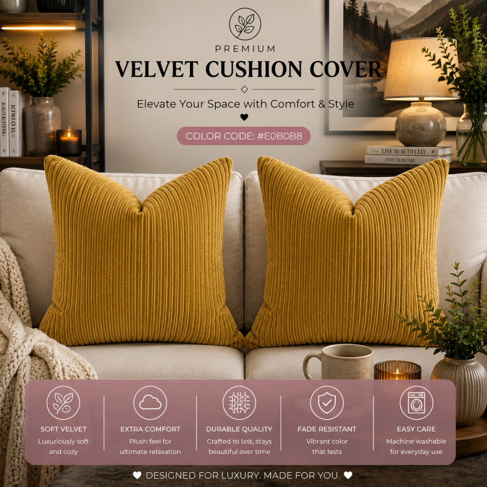 Imperial Rooms (Pack Of 4, Stripe Velvet Filled Cushion Ochre) Velvet Cushions Filled 2 & 4-Pack Quilted Cushion Pads