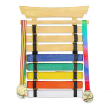 Wood Karate Belt Display Rack, 8 Belt Taekwondo Belt Display with Stickers, Martial Arts Belt Display Holder