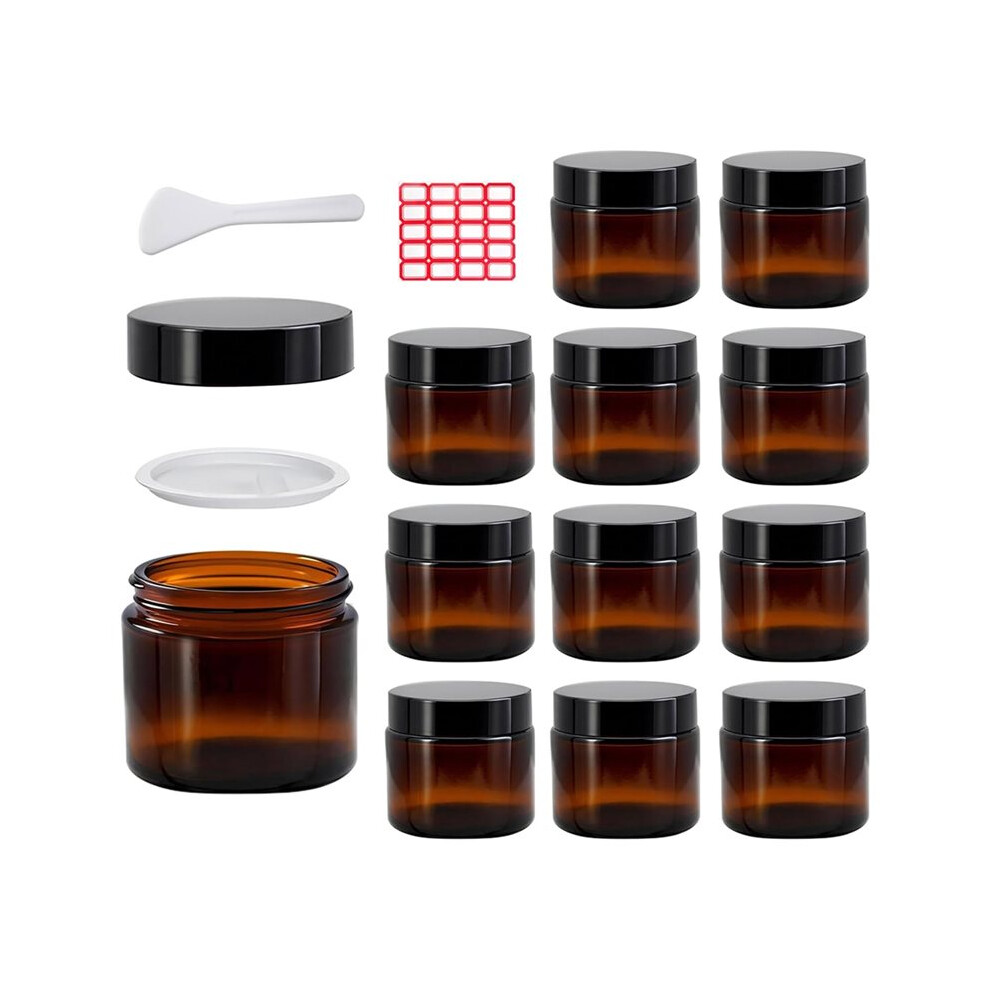 12pcs 2 Oz Amber Glass Jars with Inner Lids , Leakproof Round Airtight, for Homemade Cosmetics, Balms, Candles, Butter