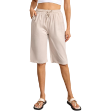 Short Femme Bermuda en Coton Beige Taille S avec Taille Élastique Réglable et Poches Profondes - Pantalon Court Été