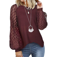 Tuopuda Damen Pullover Langarmshirt Rundhals Ausschnitt Weinrot XXL — damen pullover bordeaux, damen bluse xxl, waffelstrick, spitzenärmel