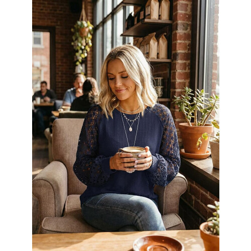 Tuopuda Damen Pullover Langarmshirt Rundhals Ausschnitt Dunkelblau L — damenbluse, damenpullover, tuopuda pullover, marineblaue bluse 1
