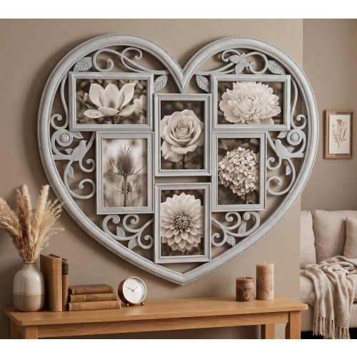 6 Apertures Heart Collage Photo Frame Grey 58x52Cm