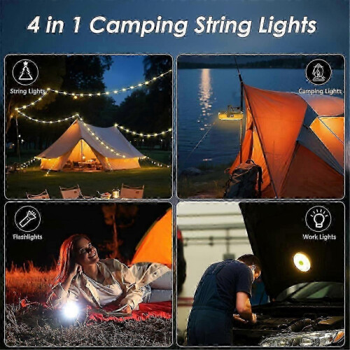 2Pack Camping String Lights, 4-in-1 Quick Storage Camp Light, 8Mode 32.8FT Hanging Tent Lights, Rech 2