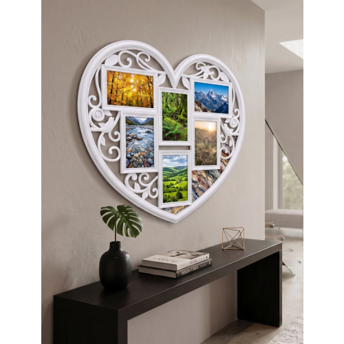 6 Aperture Heart Collage Photo Frame White 58x52Cm