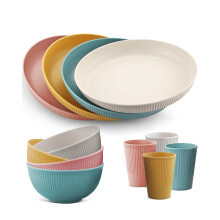 HOMGEN 12Pcs Camping Plates and Bowls Set - Colourful Plastic Dinnerware Set - Unbreakable Party Dinner Set for 4 - Reusable Plates and Bowls Set - L