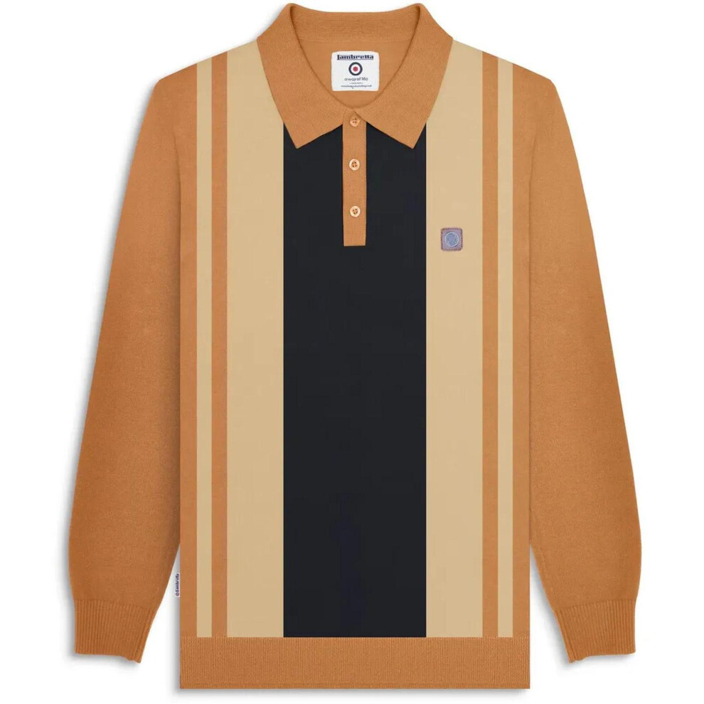 Lambretta (2Xl, Tobacco) Mens Vintage Panel Long Sleeve Mod Polo Shirt Collar Button Top
