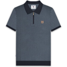 (L, Navy) Lambretta Mens 1/4 Zip Check Knitted Short Sleeve Polo Shirt