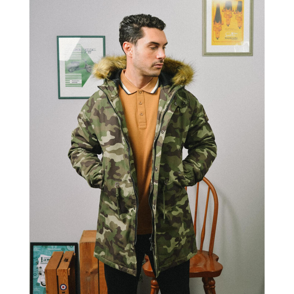 Lambretta (L, Khaki) Mens Camo Warm Winter Hooded Parka Jacket Coat