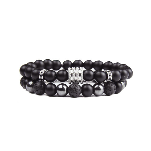 Vulkanisk sten Svart Matt Hematit Armband Set - Elastiska Pärlsmycken 1