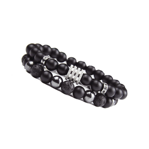 Vulkanisk sten Svart Matt Hematit Armband Set - Elastiska Pärlsmycken 2