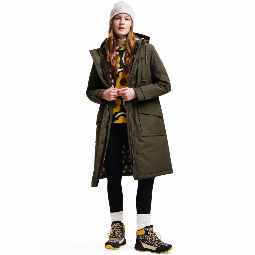 Regatta (12, Dark Khaki) Womens Orla Kiely Longline Waterproof Hooded Warm Jacket - Dark Khaki