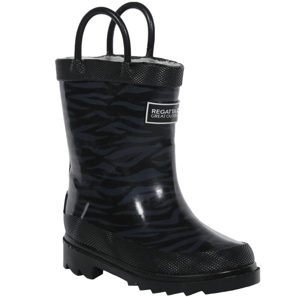 Regatta (Uk 4K, Black) Kids Minnow Printed Outdoor Pull Handle Wellington Boots Wellies