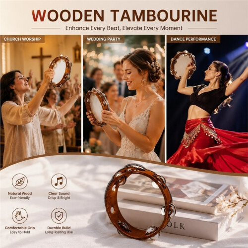 Conjunto de 3 Pandeiros de Madeira de 6, 8 e 10 Polegadas com Bolsa de Armazenamento para Igreja, Festa e Dança B 1