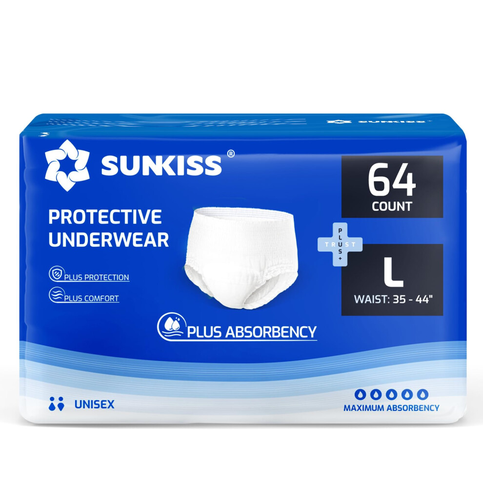 Sunkiss Trustplus Incontinence Pants For Men And Women, Adult Pull Ups, Disposable Protective Underwear, Maximum Absorbency, Odour Control, Large, 64