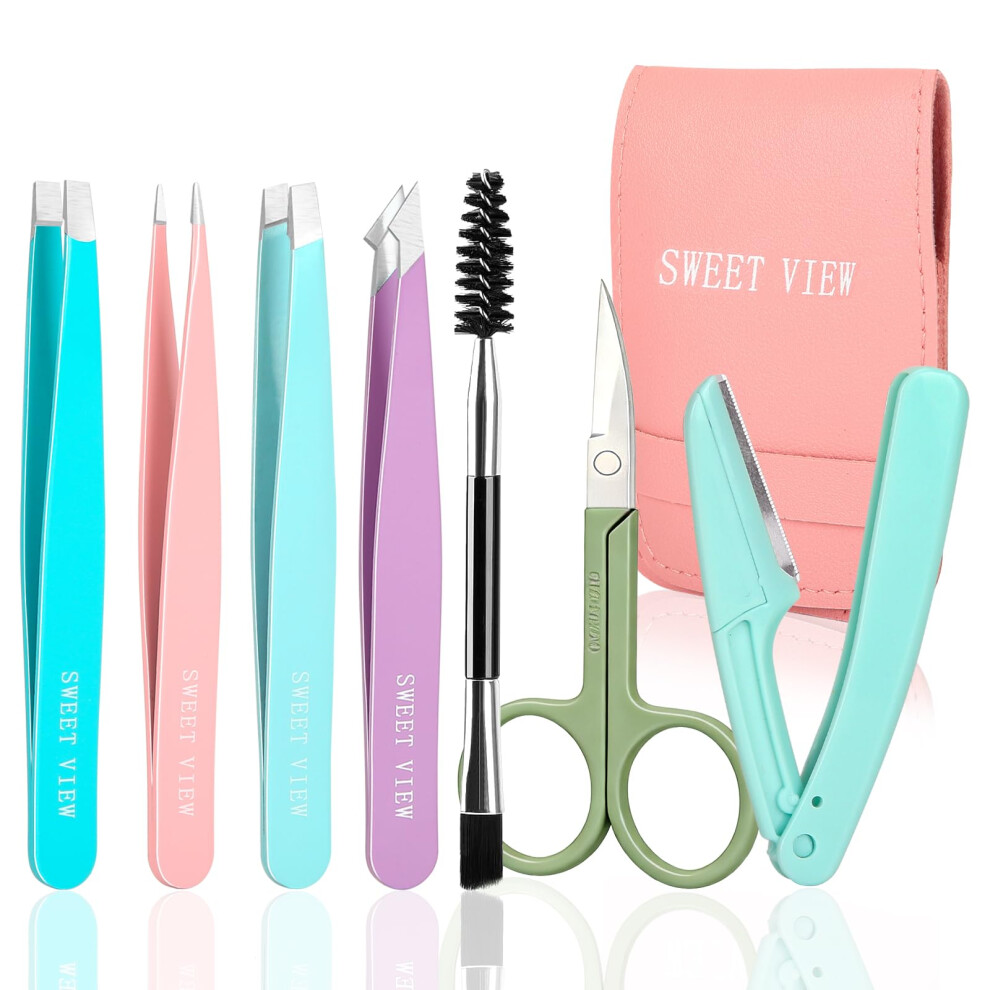 Sweet View 7Pcs Eyebrow Tweezers Kit For Women Precision Plucker With Brow Sciss